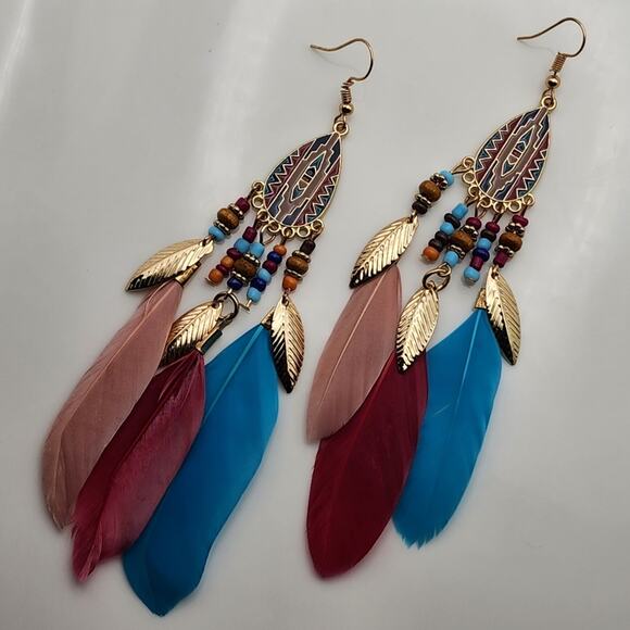 Multicolor Boho Feather Earrings - Picture 8 of 9